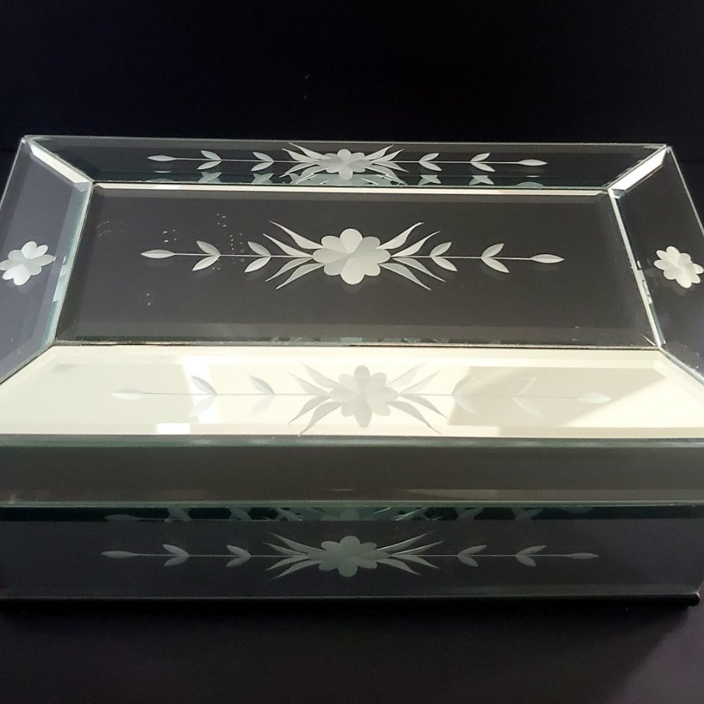 VINTAGE Jewellery Box Etched Floral Mirror Glass Dresser Box Velvet Inside Gifts